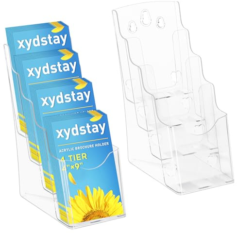 xydstay Acrylic Brochure Holder 4 x 9 Inches, 4 Tier Magazine Holder Brochure Display Stand, Clear Pamphlet Flyer Holder, Literature Booklet Holder for Countertop or Wall Mount Use, 2 Pack