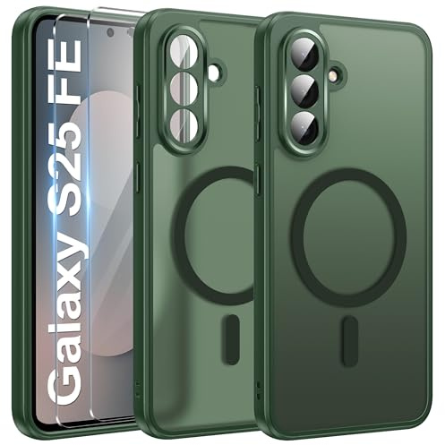 Opkiegrn Compatible with Samsung Galaxy S25 FE 5G Case with 2 HD Screen Protectors, [Compatible with MagSafe] Military-Grade Shockproof Translucent Matte Phone Case - Darkgreen