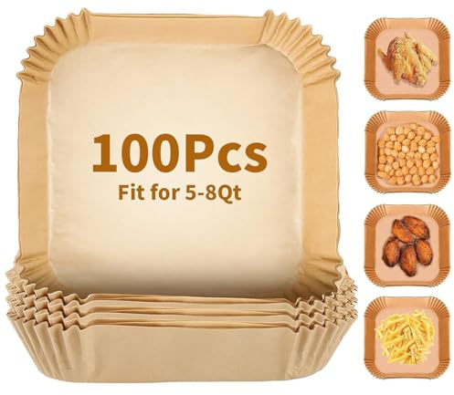 100 stycken bakpapper för varmluftsfritös högkvalitativ, kvadratisk 20 x 20 cm luftfryer bakpapper, bakpapper, oljeskydd, vattentätt och oljebeständigt, engångspapper, varmluftsfritös, tillbehör för