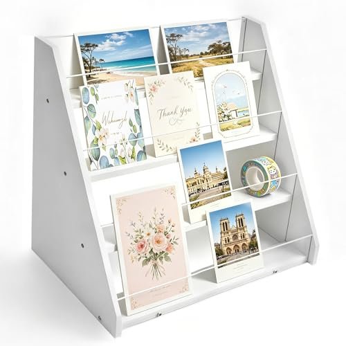 DBREAKS 4 Livelli Espositore per Cartoline - 34x22,7x31 cm, Espositore per Biglietti in Legno e Acrilico, Supporto da Tavolo per Cartoline Venditori, Porta per Libri, Articoli da Ufficio, Bianco