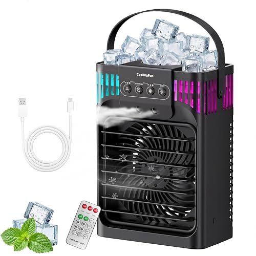 Klimaanlage Mobil, 4-in-1-Mobile Klimaanlage mit Fernbedienung/3 Geschwindigkeiten/3 Nebelmodi/1200-ml-Wassertank/2-8-Stunden-Timer/Nachtlicht, Mini Klimaanlage ohne Abluftschlauch für wohnung zimmer