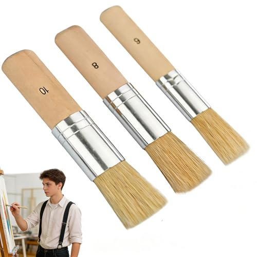 3 Unidades Pinceles de Cerdas Naturales Madera | Pincel para Plantillas Profesional para Pintura Acrílica Óleo Acuarela DIY Proyectos Artesanía & Estarcido (Tamaños 6 8 10)