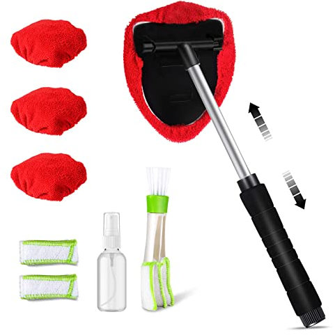Masthome Nettoyant pour Pare-Brise, Brosse Pare Brise Voiture avec Manche Télescopique et Brosse de Nettoyage à Double Tête pour Grille D'aération de Voiture, Inclue 3 Housses Microfibre