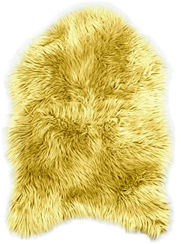 Teppich Wölkchen Lammfell Kunst-Fell-Teppich | Hochflor Deko Schaffell als Flauschiger Bett-Vorleger oder Läufer für Schlafzimmer, Wohnzimmer oder Kinderzimmer | Gelb - 55x80cm