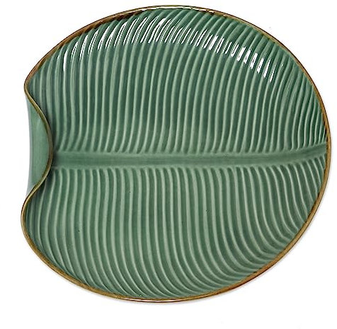 NOVICA 327813 Leaf and Tree Ceramic Food Safe Platter, Green, 'Banana Brunch Vibes Serving Plate