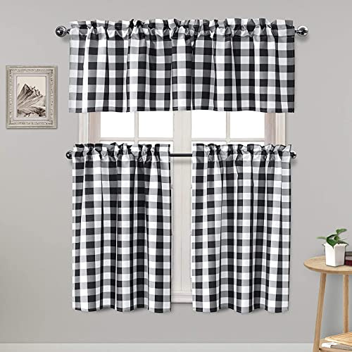 Hiasan 3 Piece Semi Sheer Black Kitchen Curtains Light Filtering Buffalo Checkered Tier and Valance Window Curtains Set, 60 W x 18 L (1 Panel) + 29 W x 36 L (2 Panels)