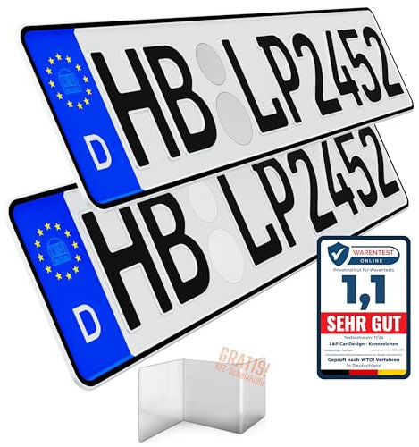 L & P Car Design KFZ Kennzeichen Auto Nummernschild 2 Stück 520mm x 110mm Wunschkennzeichen DIN Autokennzeichen Fahrradträger Anhänger LKW Wunschprägung amtliches Autoschild (2 Stück) 52cm x 11cm