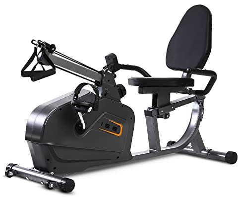 ISE 2 in 1 Liegeergometer, Heimtrainer 8 stufiger Magnetwiderstand, Rudergerät Ergometer Heimtrainer Senioren mit Pulssensoren, Transporträdern mit Rückenlehne Sitzergometer für Zuhause