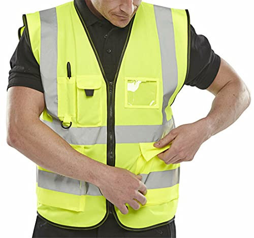 FASHION 7STAR Warnweste für Herren und Erwachsene, Saturn, mit mehreren Taschen und Reißverschluss, gelb, XXL