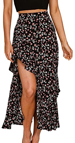 TEERFU Womens Boho Floral Midi Skirt High Low Split Summer Beach Elastic Back High Waist Flowy Maxi Skirts Black