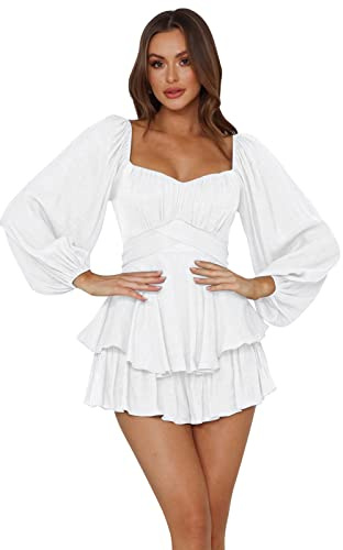 IMEKIS Pirate Halloween Costume for Women Off Shoulder Jumpsuit Dress Lantern Sleleve Ruffle Romper Chiffon Flowy Mini Dresses Boho Casual Overalls Shorts Playsuit White L