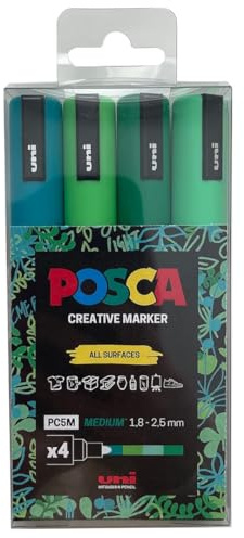 POSCA-pennor PC-5M medium akryl filtspets färgade permanenta färgmarkörer för vuxna och barn. Perfekt för färgning, tyg, graffiti, akvarell, konturritning, fönster och glaskonst. 4-pack