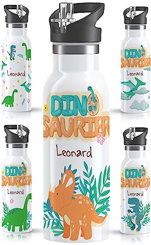 OWLBOOK® Edelstahl Trinkflasche Kinder personalisiert | Wasserflasche mit Strohhalm | 600 ml | Sportdeckel | Spülmaschinenfest | Schule Schulanfang Geschenke Einschulung Junge | Baby Triceratops