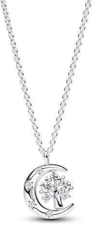 PANDORA Timeless Mond & drehender Lebensbaum Anhänger Halskette aus Sterling Silber mit Zirkonia Steinen, Größe 50cm, 392992C01-50