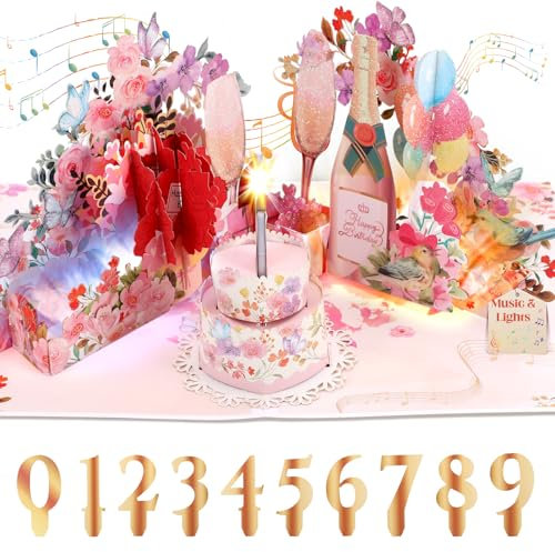 Birthday Card, Musical Birthday Card for Women, 3D Champagne Pop-Up birthday Cards w Blowable Candle & Lights for Girls Women Wife Grandma Granddaughter Daughter Niece Sister (All Ages)