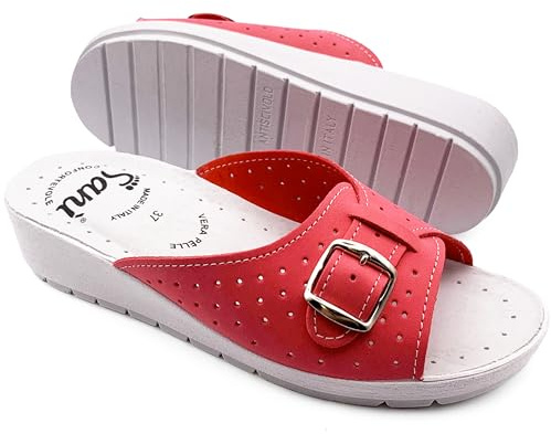 Ciabatte Donna Estive Comode Pantofole in Vera Pelle con Fibbia Regolabile a Punta Aperta Sandali Sanitari con Fascia (Fucsia, Sistema Taglie Calzature EU, Adulto, Donna, Numero, Media, 41)