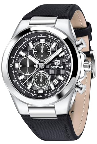 BENYAR Quarzwerk Chronograph 30M Wasserdicht Leuchtendes Datum Klassisches Lederarmband Herrenuhren(Silber Schwarz)