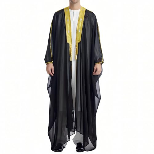 Robe Caftan Traditionnel Homme – Vêtement Musulman Djellaba Abaya (Noir et or jaune, L)