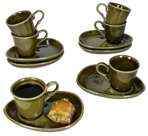 MamboCat 6er Set Mokka Espressotassen mit Untertassen Olivgrün I für 6 Personen I Porzellan-Set für Frühstück & Kaffee I Je 6X kleine Tassen & Untertassen