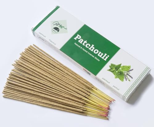 Giftbrit Patchouli naturliga och örtbaserade rökelsepinnar 100 pinnar med 1 rökelsehållare för meditation, yoga, kyrka, avkoppling, läkning och positivitet