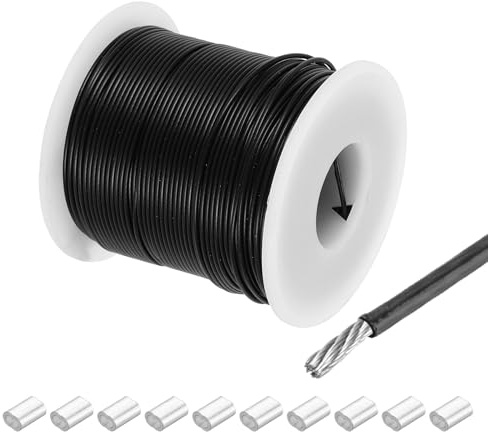 QUARKZMAN Stålvajer Rostfritt Stål 60M x 1 mm PVC-belagd med 10 Aluminiumhylsar Säkringsvajer Upphängningsvajer Kabel Tvättlina för Bilder Utomhus Staket Gardiner, Svart