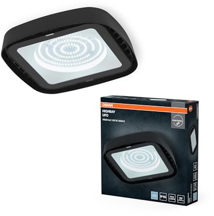 OSRAM Highbay Ufo Deckenleuchte in Schwarz, bietet 130 W und 15000 lm in Tageslichtweiß bei 6500 K, mit IP65 besteht ein Schutz gegen Strahlwasser und Staub (staubdicht), ideal für hohe Decken