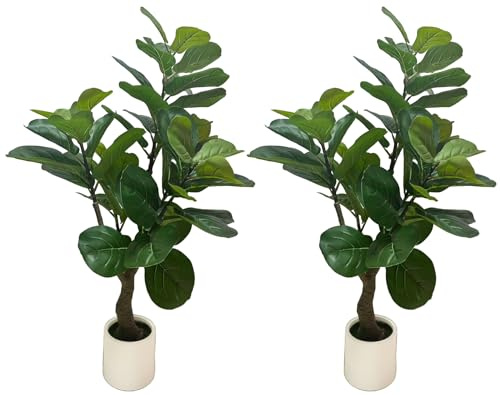 3.6FT Artificial Fiddle Leaf Fig Tree with White Pot, 2 Pack Faux Plant Indoor Outdoor Fake Tree for Home, Office, Living Room Decoration