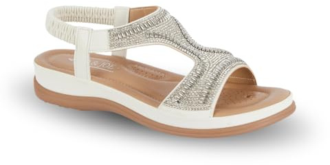 Jo & Joe Womens Jewelled Slingback Sandal, Open Toe Flat Summer Beach Shoes, Padded Insole, Faux Leather (White, UK Footwear Size System, Adult, Women, Numeric, Medium, 6)
