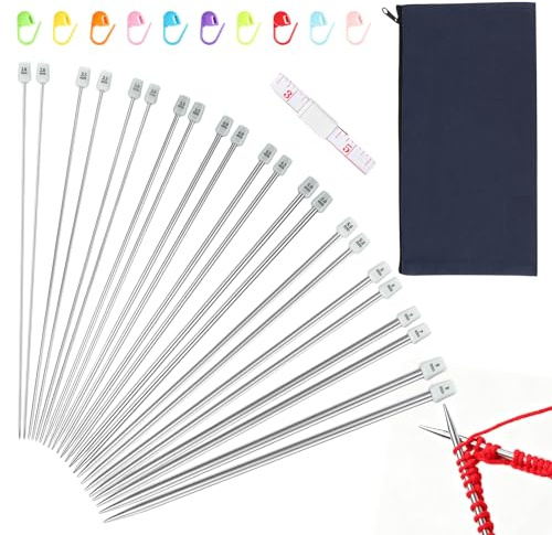 Knitting Needles Set, 25cm Long, 11 Pairs, with Storage Bag, 2.0mm-8.0mm