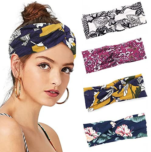 IYOU Bandeaux Boho Fleur Bandeau cheveux Yoga Coton foulard tissu serre-tête pour femmes (pack de 4)