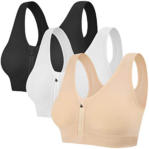 Tuopuda Soutien-Gorge de Sport pour Femme, sans Bonnet, avec Fermeture Éclair Avant et Plaquettes Amovibles pour Gymnastique, Course à Pied, Jogging, Yoga (Noir+Blanc+Teint,XXL)