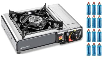 KEMPER - Réchaud à gaz INOX 2200W + 12 Cartouches gaz Allumage piezo Sécurité Insert gaz