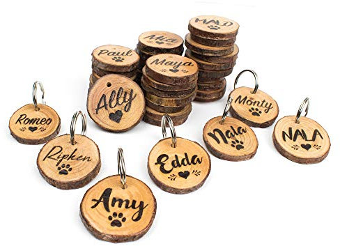 Hundemarke mit Gravur aus Rosen-Holz| Personalisiert mit Name, Telefonnummer | ⌀30mm Natürliche Dog Tag, Namens-Anhänger für Hunde-Halsband, Geräuschlos, leise