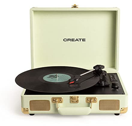 CREATE/Record Player POP/Tragbarer Koffer-Plattenspiele in Pastellgrün/Mit Bluetooth USB, SD, MicroSD und Mp3, Retro-Stil