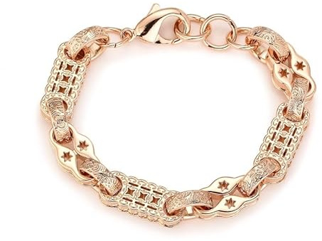 THE BLING KING 11mm 3D Rose Gold Stars and Bars Bracelet, 18K Real Rose Gold Plated Uniquely Patterned Stylish Fashion Jewellery for Women (Length: 8.5-9, Weight: 61 G)