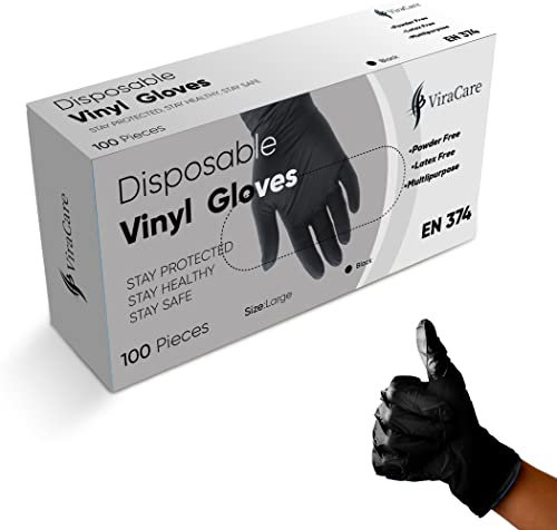 100 x Black Disposable Gloves | Vinyl Gloves Disposable | Latex free Gloves | Powder Free Gloves | Black Gloves Disposable | Strong And Non-Sterile | (Large, 1 Pack of 100)