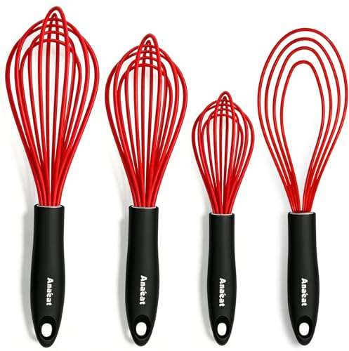 Anaeat Silicone Kitchen Whisk Set of 4, Perfect for Non-Stick Cookware, Milk and Egg Beater Blender for Whisking, Cooking, Baking, Beating - 11'' Flat Whisk and 9''+11''+12'' Balloon Whisks (Red)