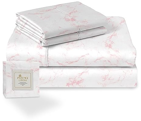 Pizuna Cotton Pink Printed Bedding Sets Super King 400 Thread Count | Carrara Marble 100% Long Staple Cotton Sateen Bed Sheets Includes 1 Fitted Sheet Flat Sheet 2 Pillowcases