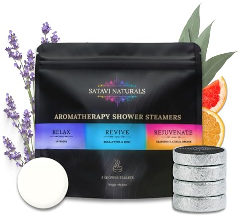 Satavi Naturals Shower Steamers Variety Pack (5 Pack) – Aromatherapy Shower Bombs with 5 Unique Scents – Natural Essential Oil Spa Tablets, Self Care Birthday Gifts for Women & Men