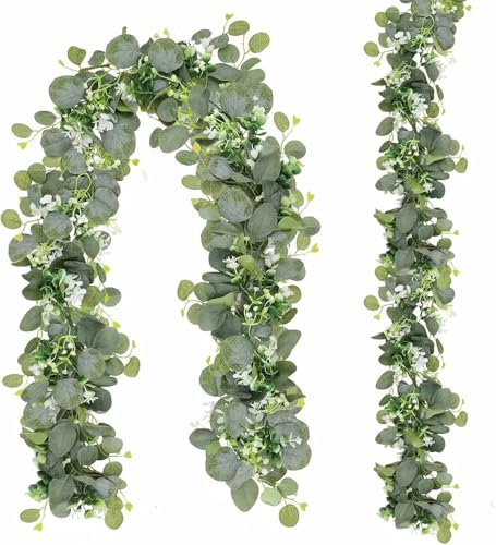 N&T NIETING 2Pcs Artificial Eucalyptus Garland, 6Ft Greenery Vines Garland with White Flowers, Fake Hanging Greenery Plant for Wedding Arch Backdrop Wall Table Indoor Outdoor Decor