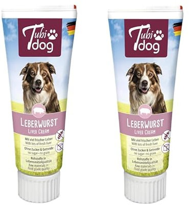 Tubi DOG Delikatess Leberwurst aus der Tube für Hunde | 2er Pack | 2 x 75 g | Praktische Soft-Touch-Tube | Zuckerfreie fettreduzierte Snackpaste ohne Konservierungsstoffe