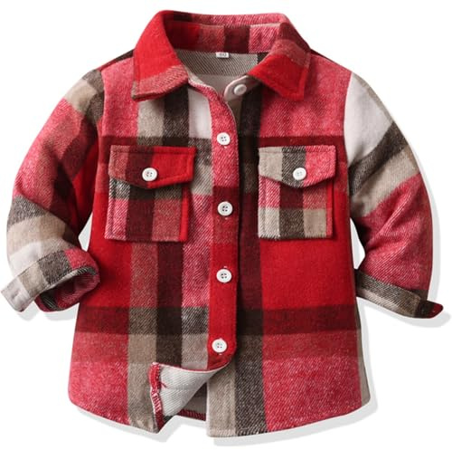 Yaopelky Camicia a quadri in flanella per bambini a maniche lunghe con bottoni e risvolto con tasca superiore vestibilità regolare vestiti autunnali casual, Rosso, 12-24 Mesi