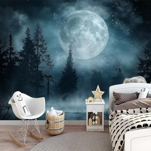Wallpaper Carta Da Parati Murale Effetto Notte Di Luna Piena 350 x 256 cm Fotomurali Sfondo Murale Foresta Nebbiosa Decorazione Soggiorno Camera De Letto Sala Ufficio