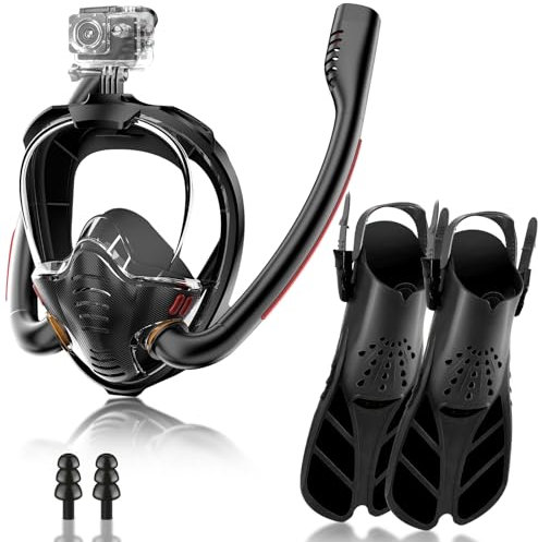 Schnorchelset Erwachsene Mit Flossen, Schnorchelmaske für Erwachsene Vollmaske, 180-Grad-Sicht Tauchmaske Kompatible Sportkameras Doppelrohr-Trockenschnorchel Schnorchelmaske