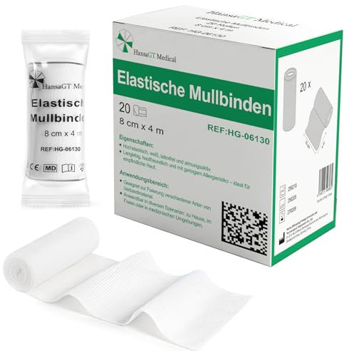 HansaGT Medical Bende di garza, 20 rotoli da 8 cm x 4 m, bendaggio di fissaggio altamente elastico, 80% estensibile e extra morbido, confezionato singolarmente per ferite, articolazioni e materiale di