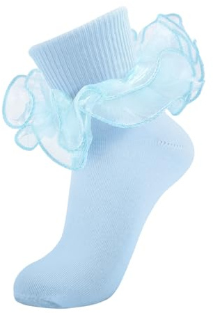 MKYSZLT Calzini da donna alla caviglia con volant in doppio pizzo per adulti calzini con polsino pieghevole in cotone increspato abito equipaggio bobby sposa calzino, Azzurro - 1 paio, 9-11