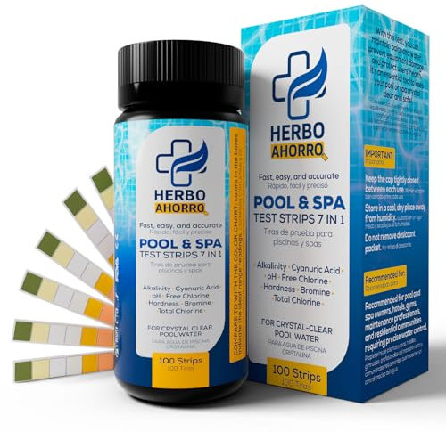 Tiras Reactivas 7 en 1 para Piscina y Spa – Medidor de pH, Cloro Libre, Alcalinidad, Dureza Total, Ácido Cianúrico y Bromo – Ideal para Bañeras de Hidromasaje y Mantenimiento Profesional - 100 uds