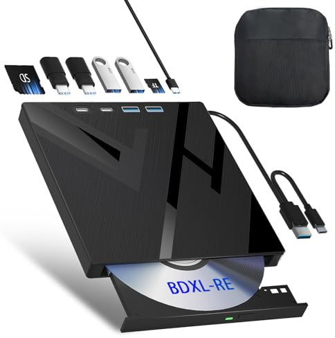 Unità Blu-ray esterna 7 in 1, unità Blueray/DVD esterna per PC con porta SD/TF e masterizzatore Blu Ray, supporto disco esterno da 100 G, per computer portatili Windows Linux MacOS (con custodia per