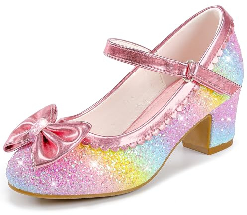 LAURMOSA Arc-en-Ciel Chaussures Princesse Nœud Chaussures Talon Enfant Fille Mary Janes Fille 30 Chaussure Princesse Paillettes Mariage Anniversaire Danse Soirée Tenue Cérémonie (FRL1036SeRainbow 13)