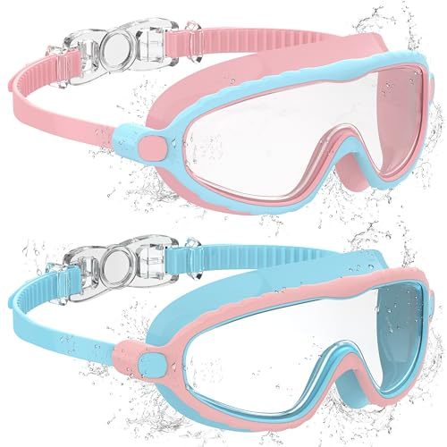 Ambienden 2 Pcs Gafas de Natación, Antivaho de Visión Clara, Protección UV, Junta de Silicona, Unisex Montura Grande Gafas Natacion Niño de 6 a 14 Años, Blue＆Pink + Pink＆Blue